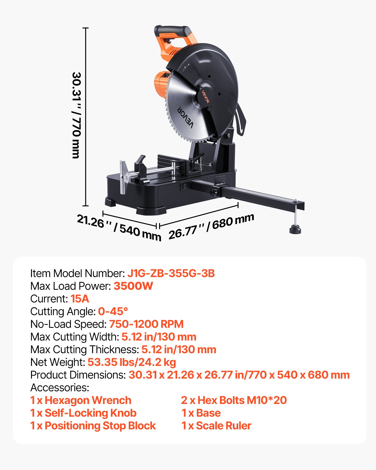 VEVOR Chop Saw, 355 mm Stainless Steel Cold Cut Blade, 3500 W Powerful Brushless Motor, 750-1200 r/min Adjustable Speed, Metal Cutting Chop Saw for Metal Square and Flat Tubes, I-Shaped Steels