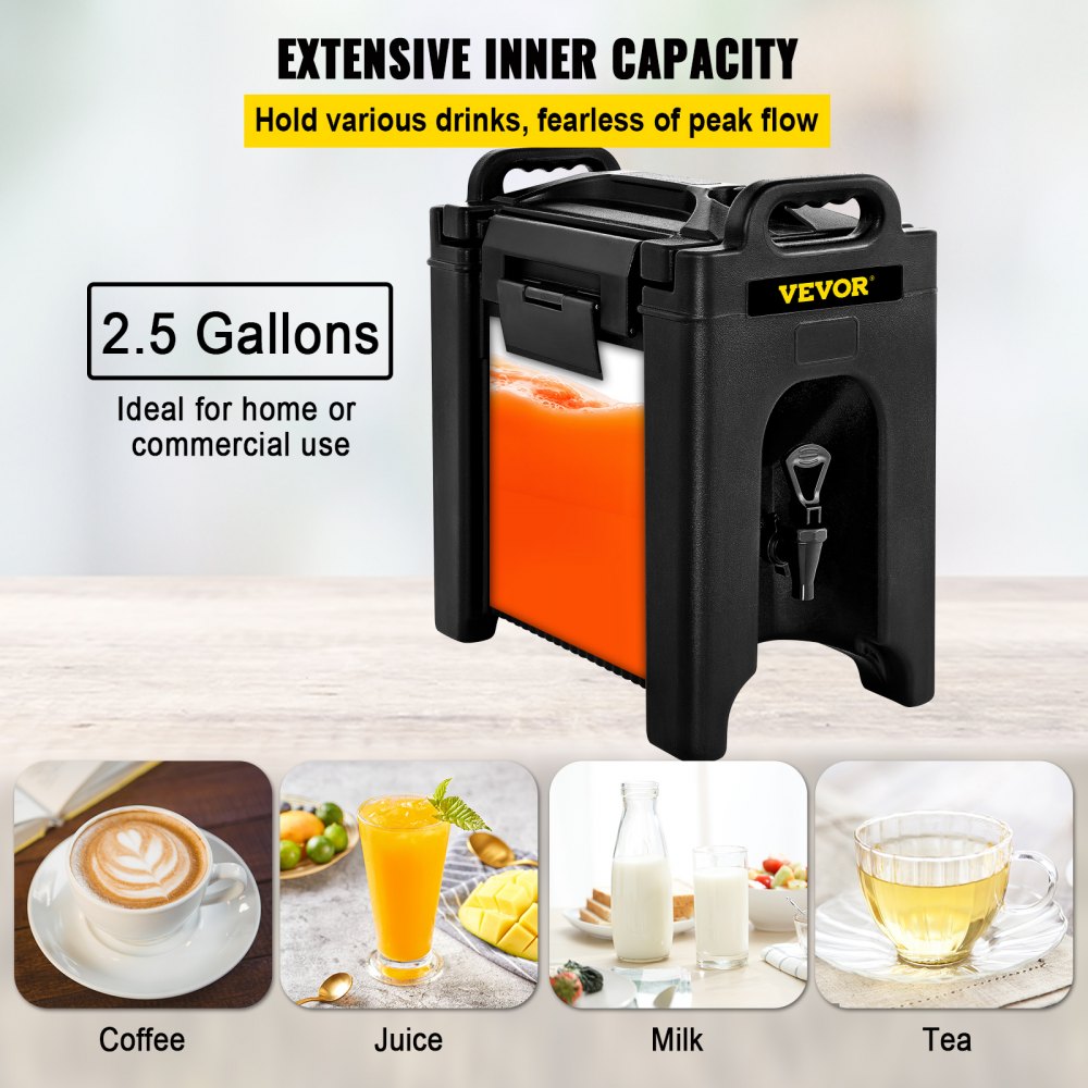 VEVOR Insulated Beverage Dispenser, 2.5 Gal, Double-Walled Beverage Server w/ PU Insulation Layer, Hot and Cold Drink Dispenser w/ 2-Stage Faucet Handles Nylon Latches Vent Cap, NSF Approved, Black