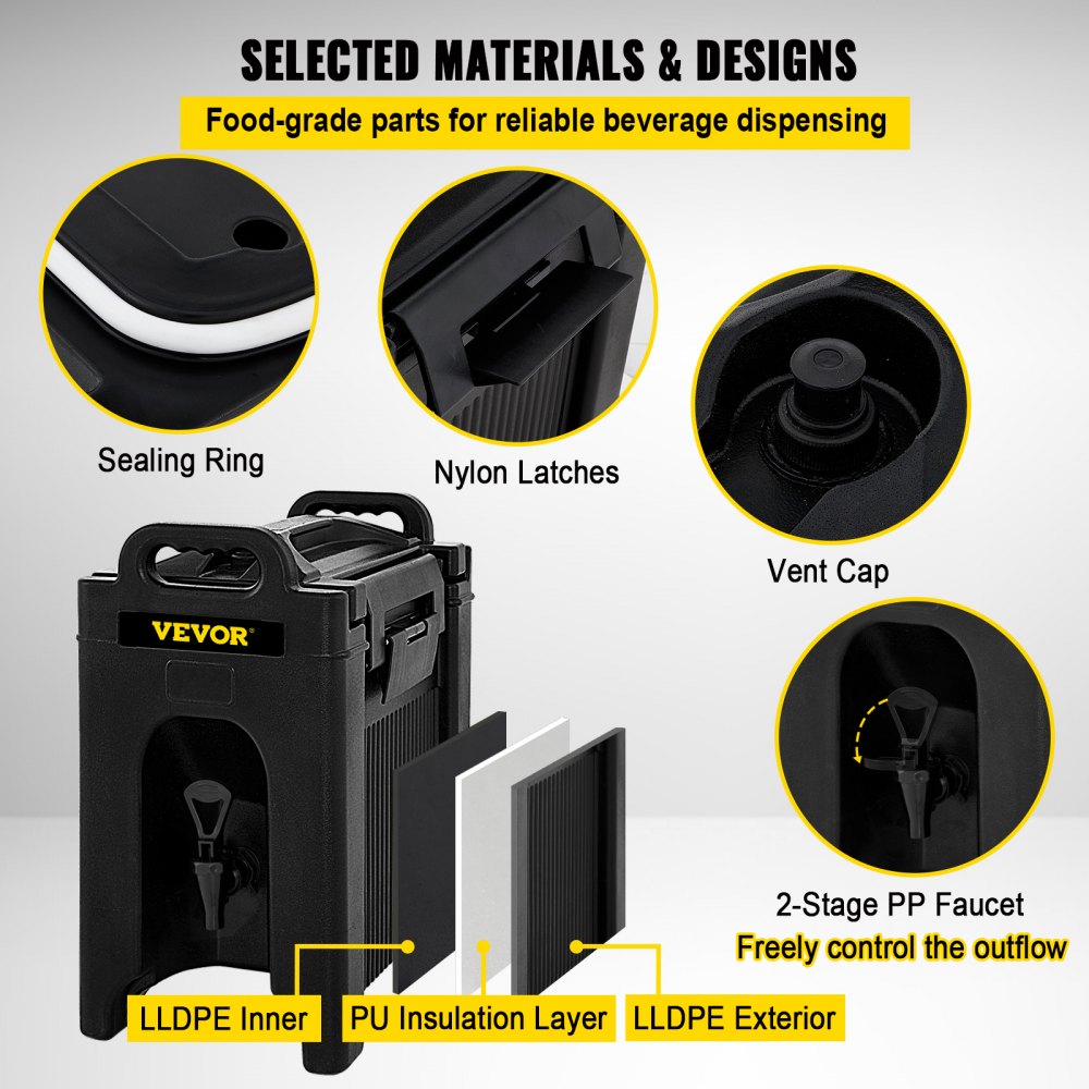VEVOR insulated beverage dispenser featuring a sealing ring, nylon latches, and a 2-stage pp faucet.