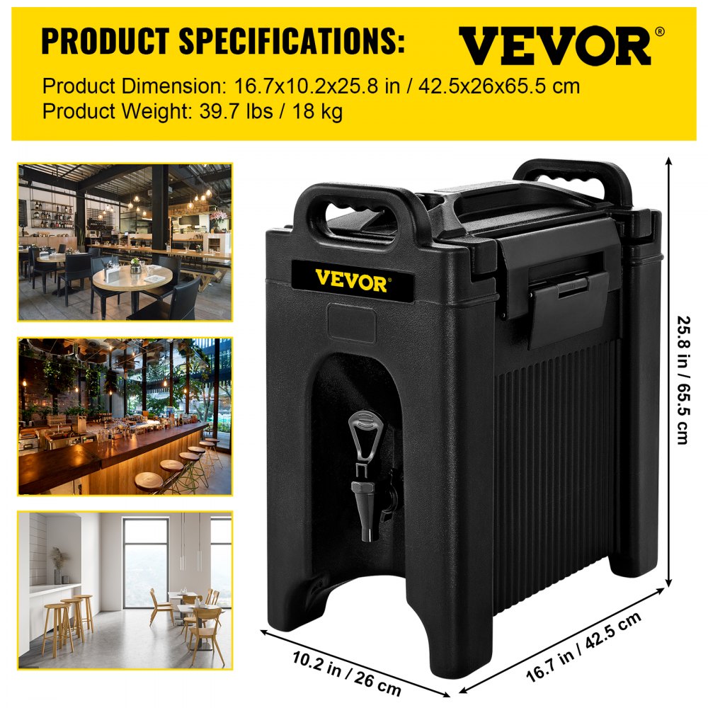 VEVOR insulated beverage dispenser with product dimensions and weight, ideal for cafes and restaurants.