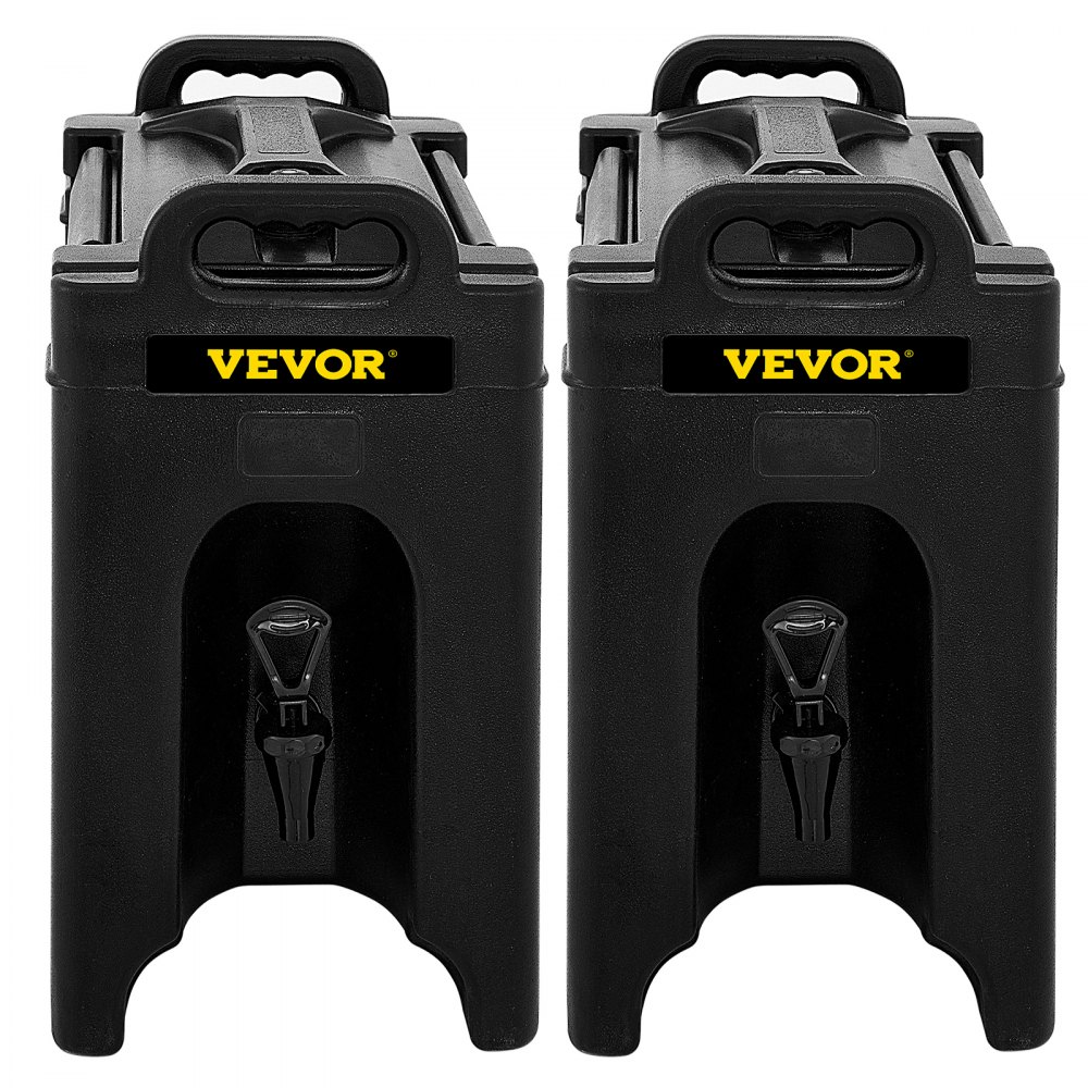 VEVOR insulated beverage dispenser, black twin set with front spouts and yellow logo on top.