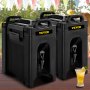 pair of black VEVOR insulated beverage dispenser containers on a table with a drink and festive decor in background.