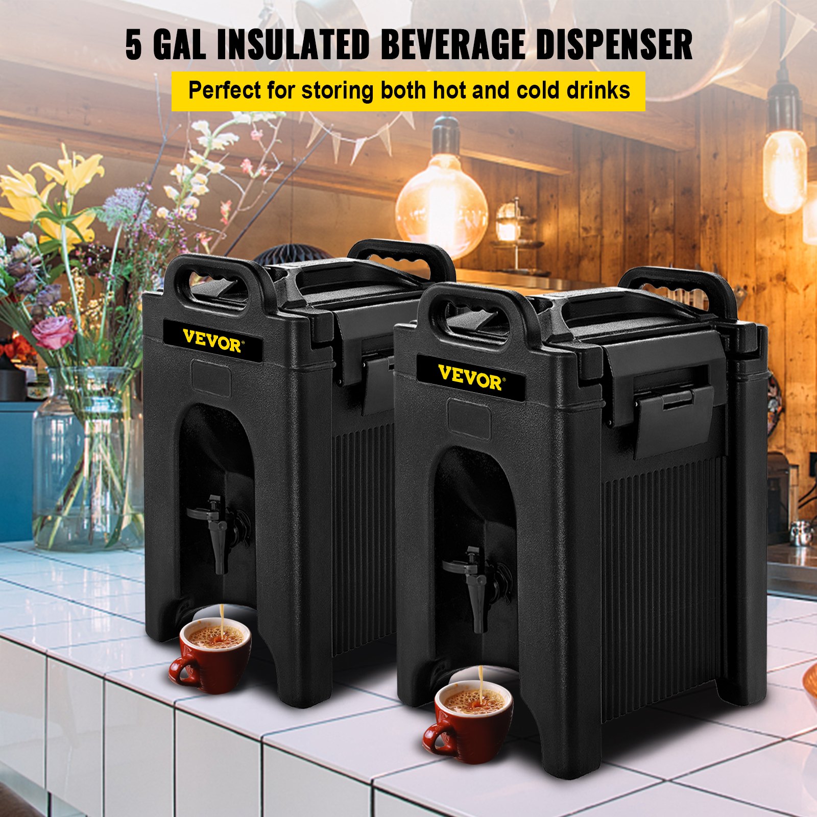 VEVOR insulated beverage dispenser on a kitchen counter, ideal for hot and cold drinks storage.
