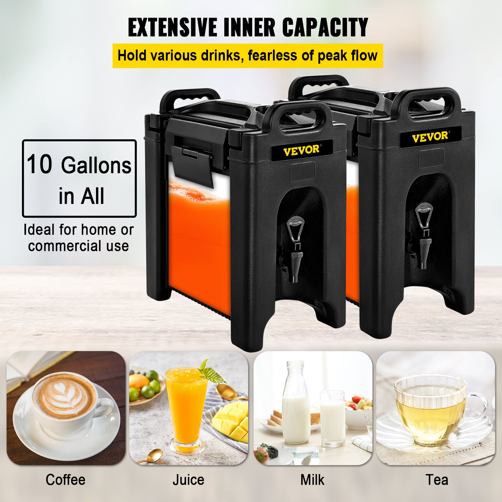VEVOR insulated beverage dispenser, 10-gallon capacity, ideal for coffee, juice, milk, and tea.