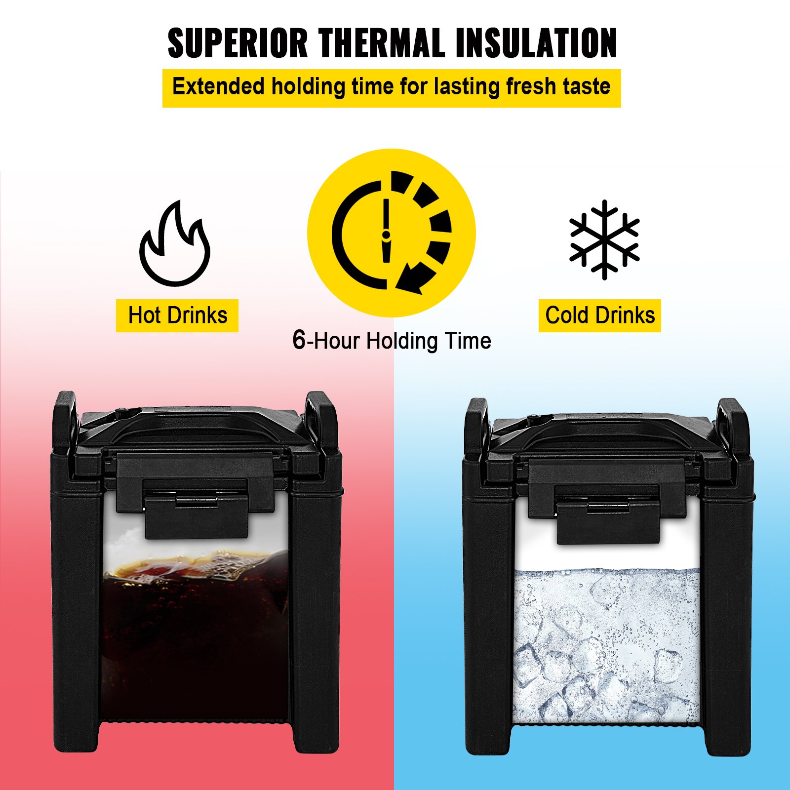 VEVOR insulated beverage dispenser with 6-hour holding time for hot and cold drinks, superior insulation.