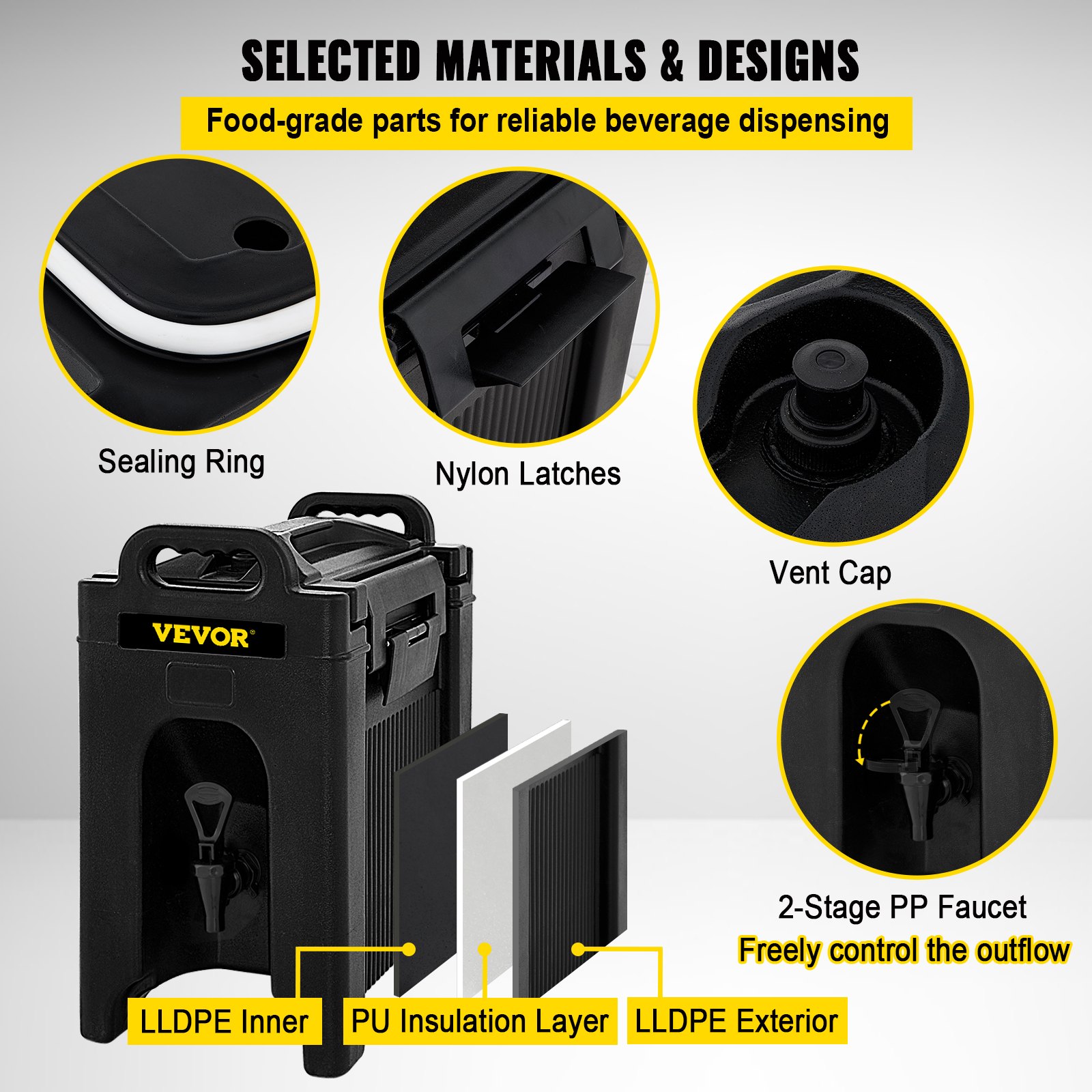 VEVOR insulated beverage dispenser featuring a sealing ring, nylon latches, and a 2-stage pp faucet.