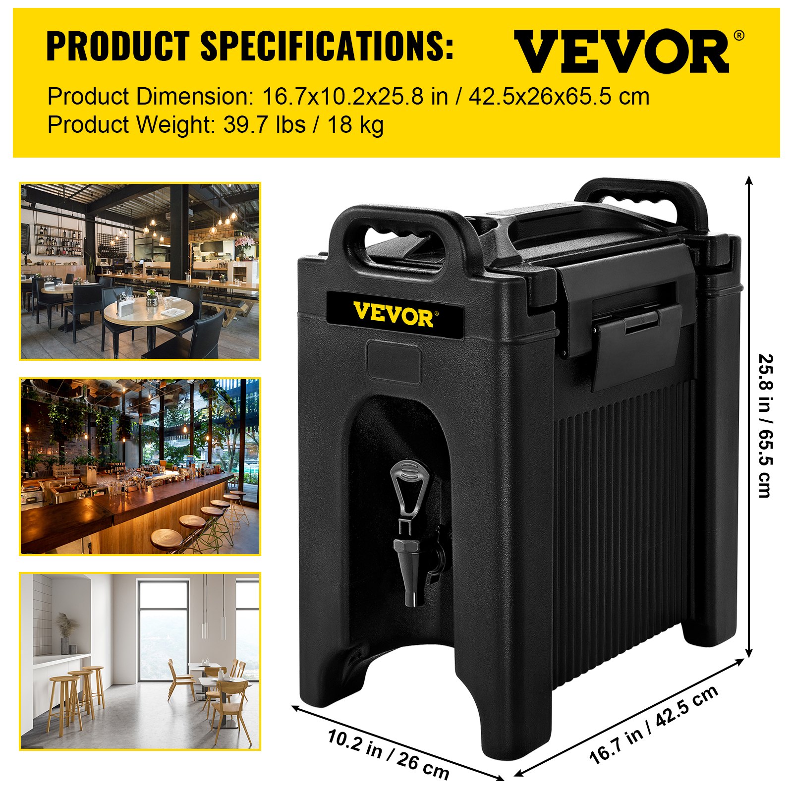VEVOR insulated beverage dispenser with product dimensions and weight, ideal for cafes and restaurants.