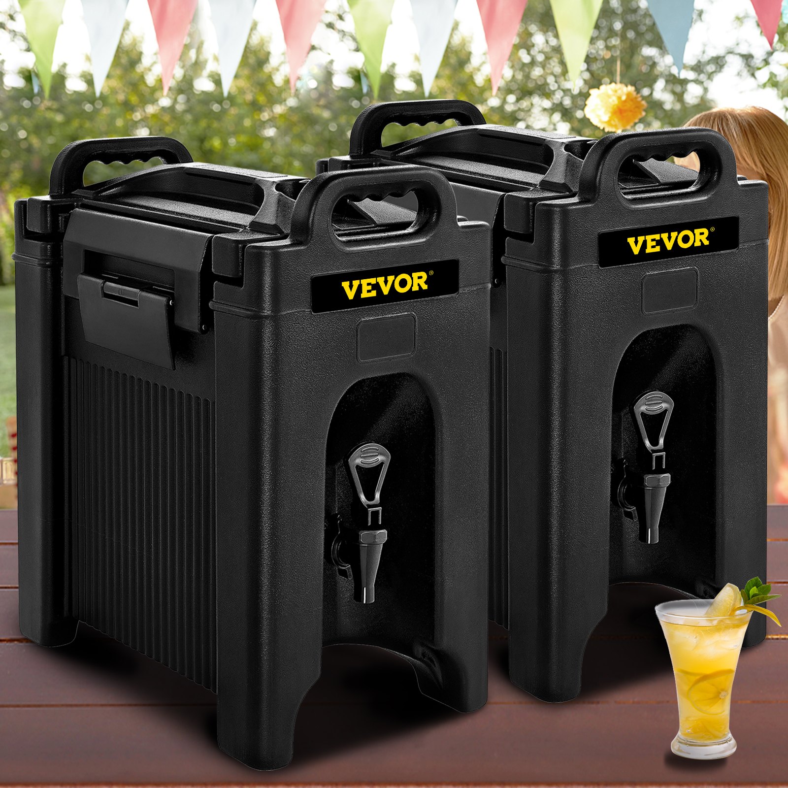 pair of black VEVOR insulated beverage dispenser containers on a table with a drink and festive decor in background.