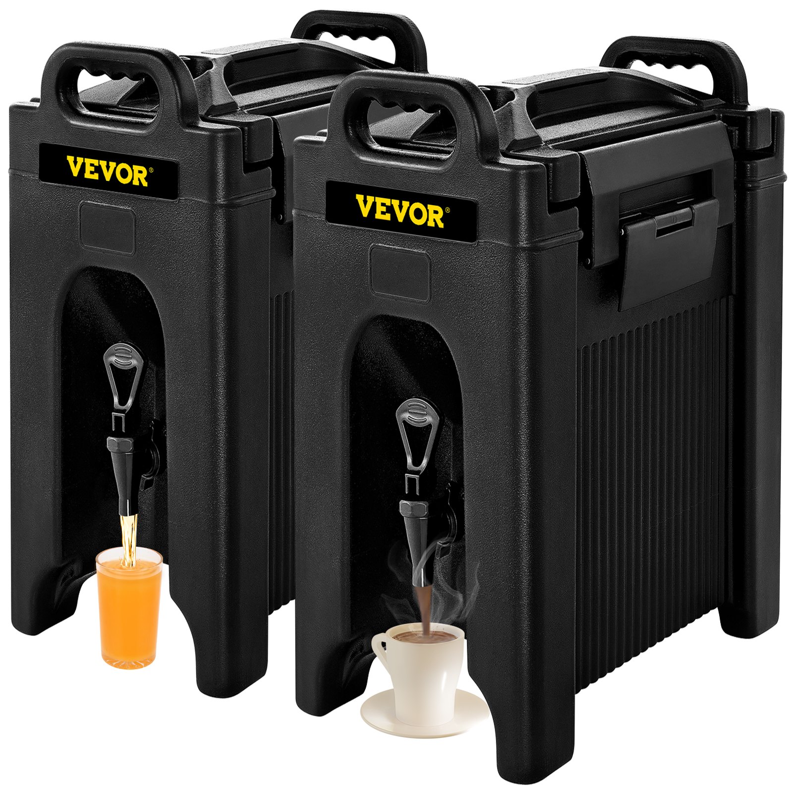 two black VEVOR insulated beverage dispensers pouring juice and coffee into cups.