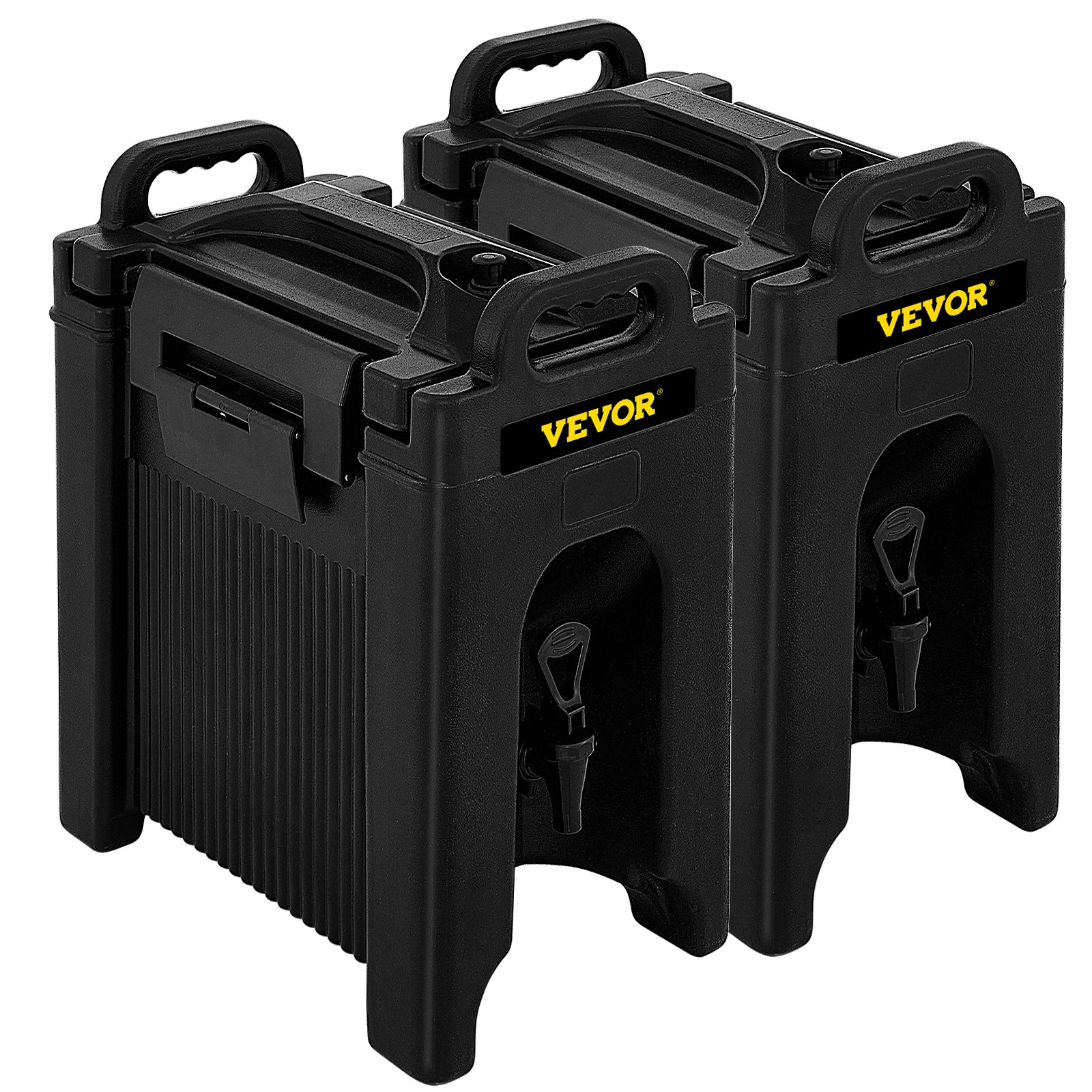 two black VEVOR insulated beverage dispensers with spigots and handles for easy transportation.