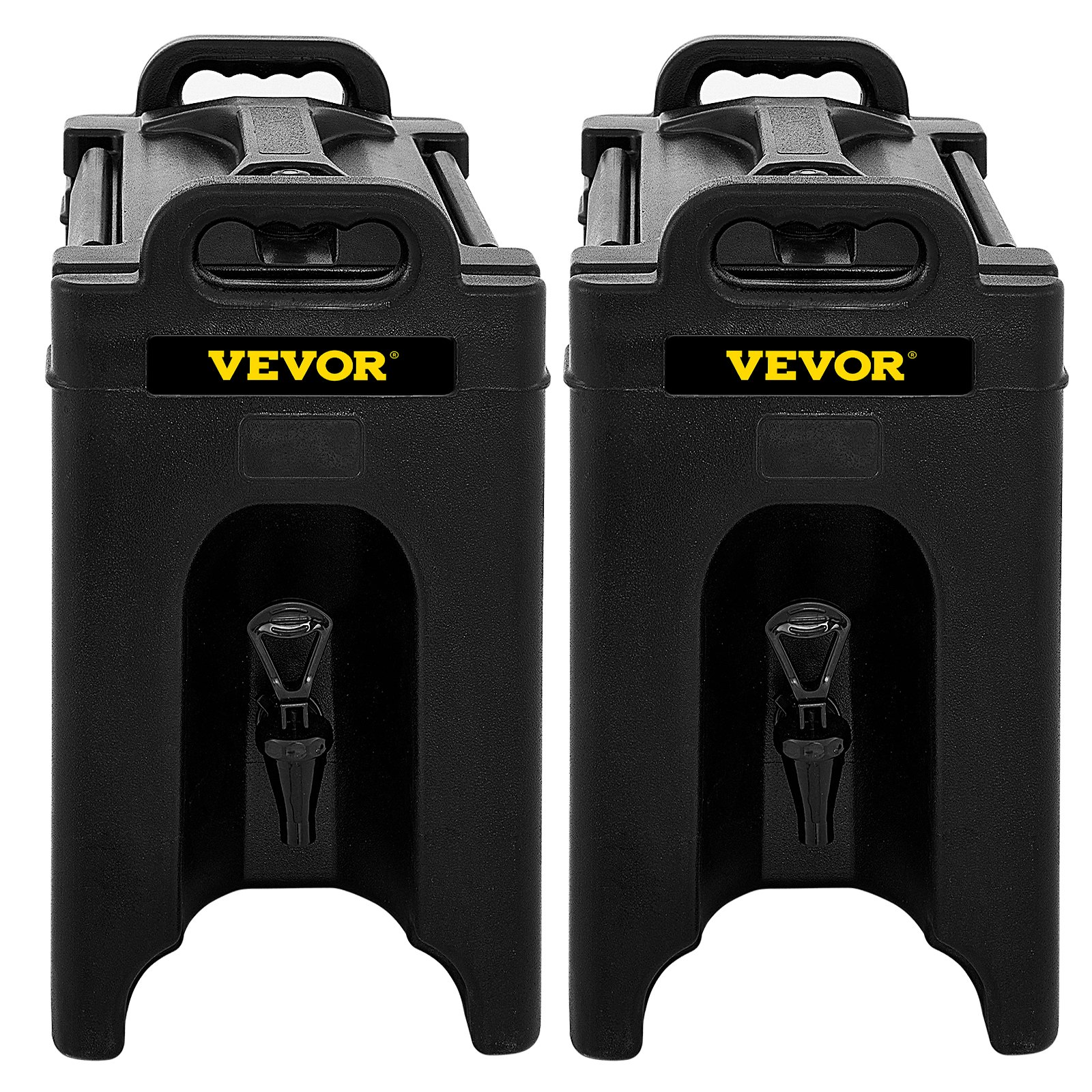 VEVOR insulated beverage dispenser, black twin set with front spouts and yellow logo on top.