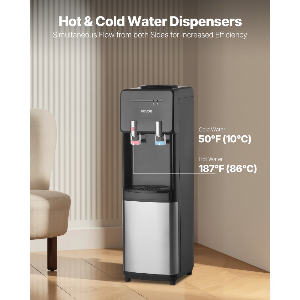 VEVOR Top Loading Water Cooler Dispenser, Hot and Cold Water Dispenser for 3 or 5 Gallons Bottles, Sturdy Stainless Steel and Child Security Lock, Ideal for Homes, Kitchens, Offices, Dorms, Black