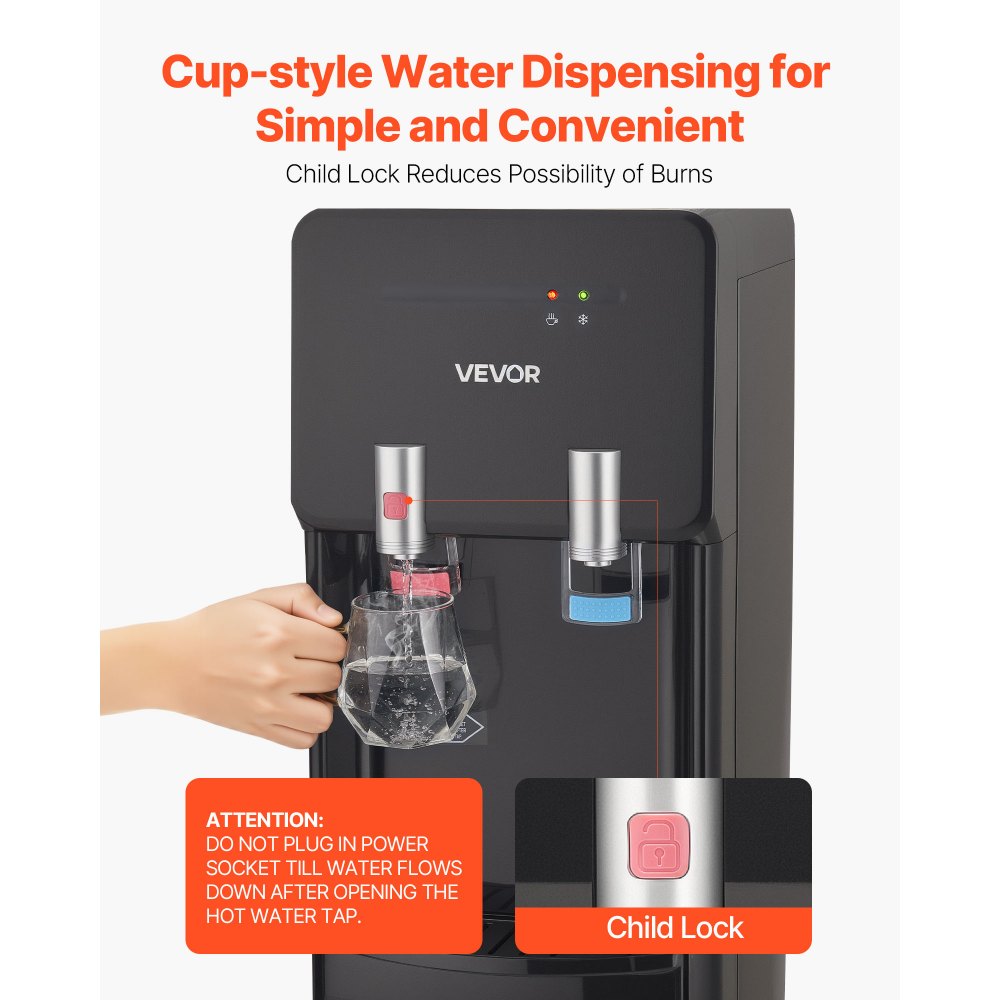 VEVOR Top Loading Water Cooler Dispenser, Hot and Cold Water Dispenser for 3 or 5 Gallons Bottles, Sturdy Stainless Steel and Child Security Lock, Ideal for Homes, Kitchens, Offices, Dorms, Black