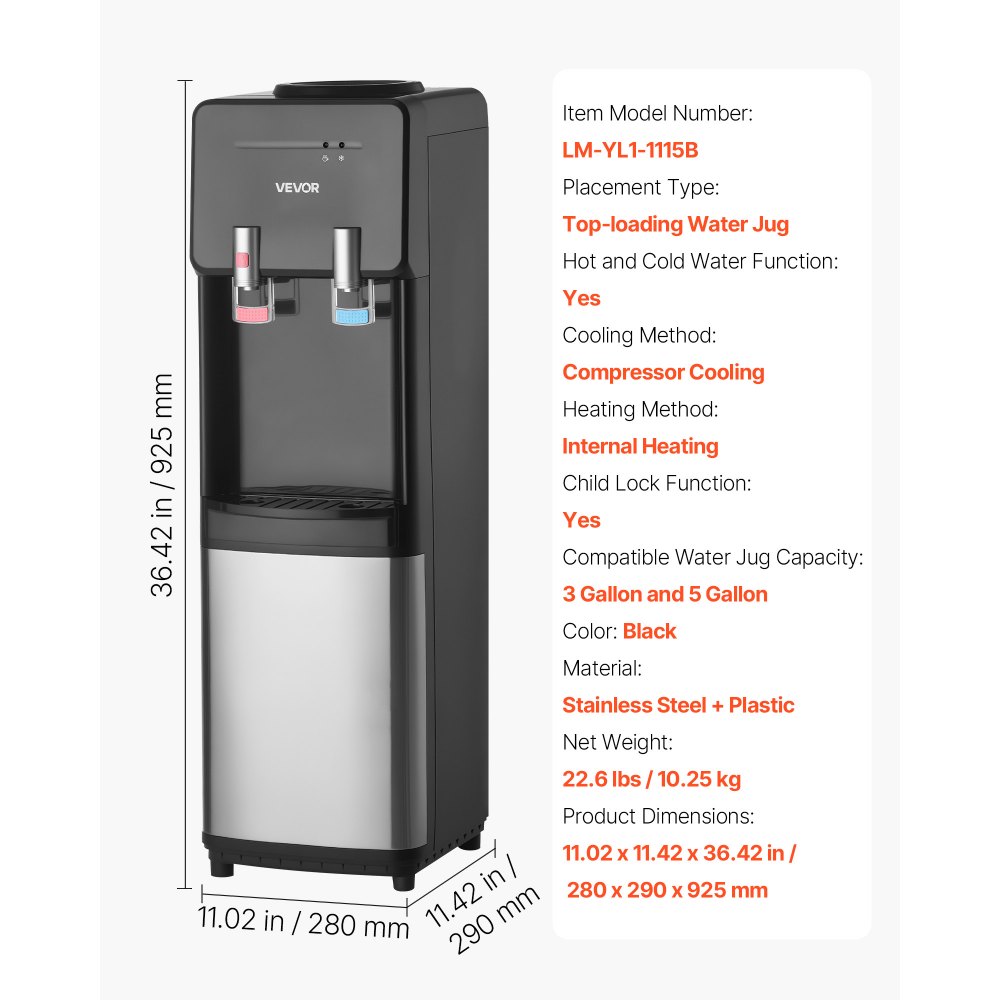 VEVOR Top Loading Water Cooler Dispenser, Hot and Cold Water Dispenser for 3 or 5 Gallons Bottles, Sturdy Stainless Steel and Child Security Lock, Ideal for Homes, Kitchens, Offices, Dorms, Black
