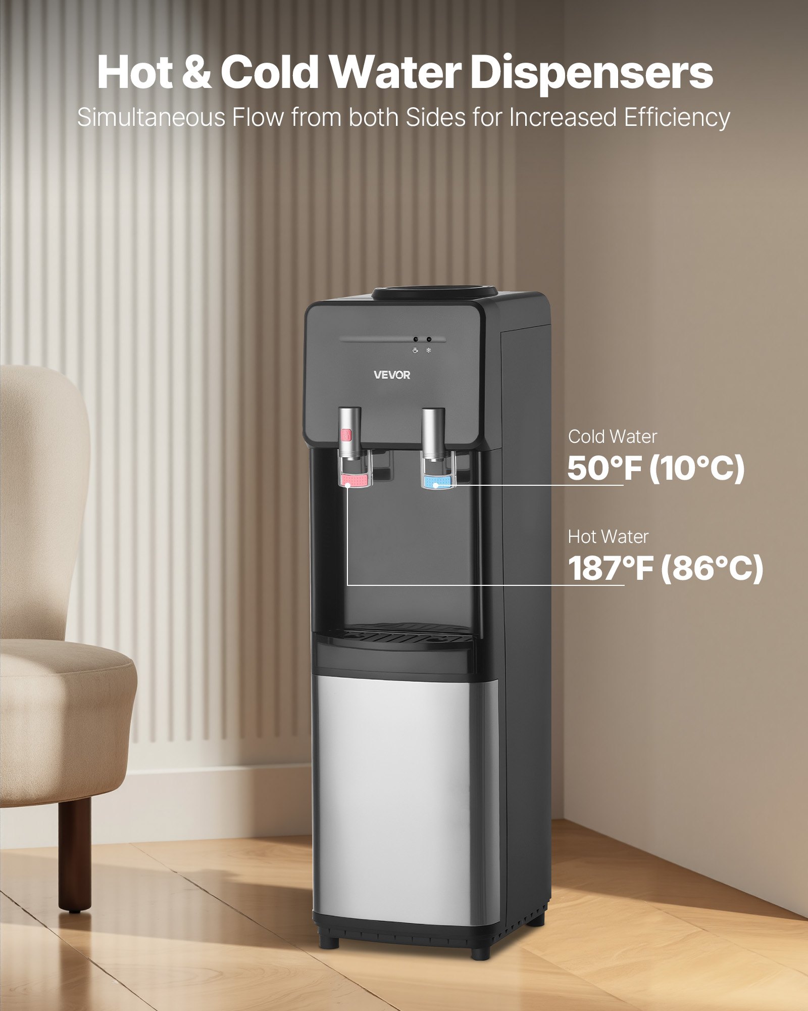 VEVOR Top Loading Water Cooler Dispenser, Hot and Cold Water Dispenser for 3 or 5 Gallons Bottles, Sturdy Stainless Steel and Child Security Lock, Ideal for Homes, Kitchens, Offices, Dorms, Black