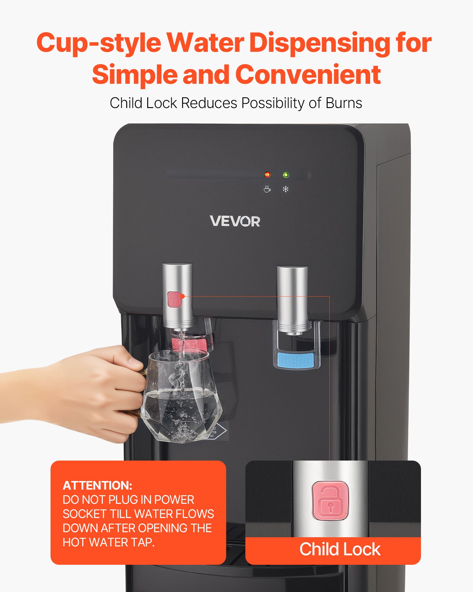 VEVOR Top Loading Water Cooler Dispenser, Hot and Cold Water Dispenser for 3 or 5 Gallons Bottles, Sturdy Stainless Steel and Child Security Lock, Ideal for Homes, Kitchens, Offices, Dorms, Black