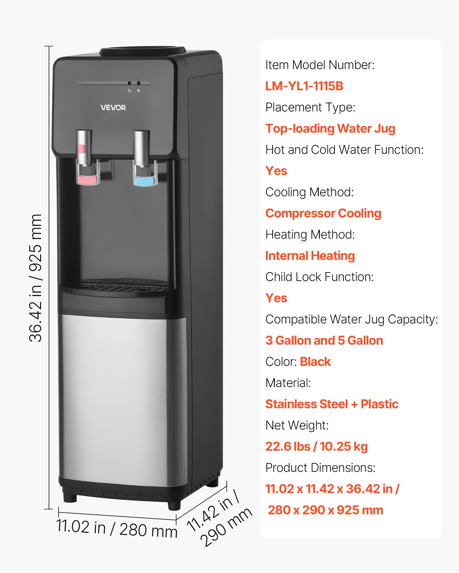 VEVOR Top Loading Water Cooler Dispenser, Hot and Cold Water Dispenser for 3 or 5 Gallons Bottles, Sturdy Stainless Steel and Child Security Lock, Ideal for Homes, Kitchens, Offices, Dorms, Black