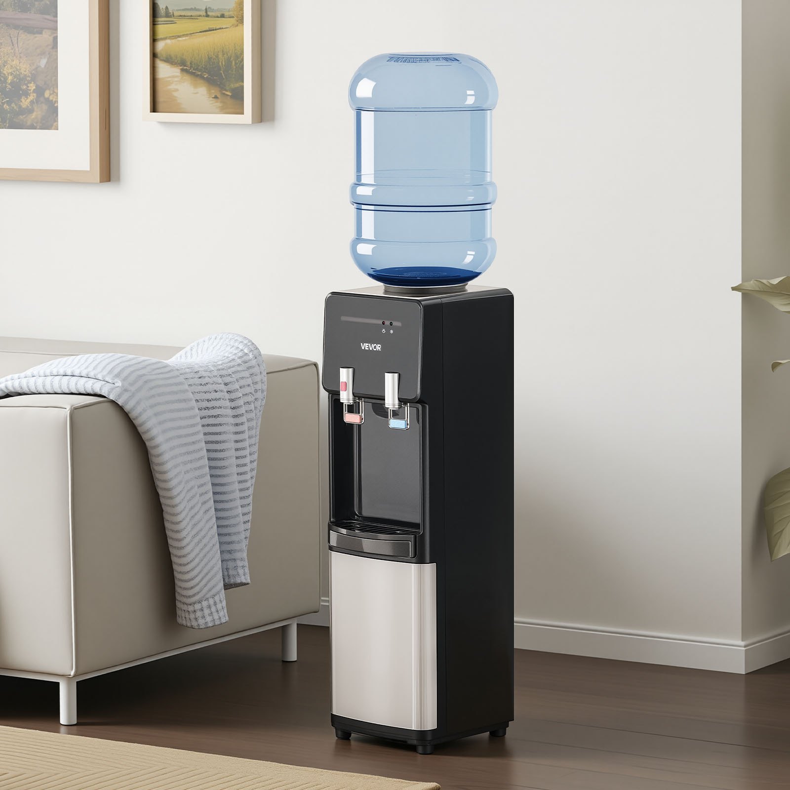 VEVOR Top Loading Water Cooler Dispenser, Hot and Cold Water Dispenser for 3 or 5 Gallons Bottles, Sturdy Stainless Steel and Child Security Lock, Ideal for Homes, Kitchens, Offices, Dorms, Black