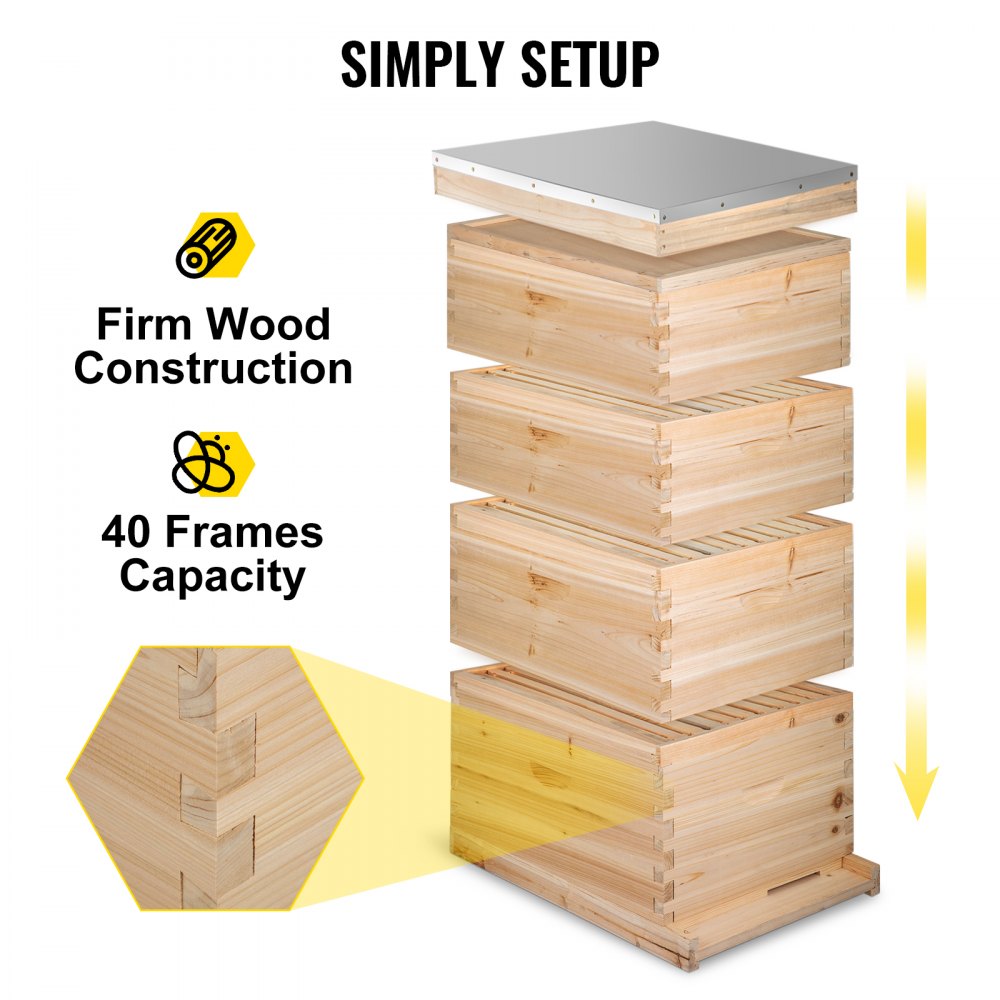 VEVOR Langstroth Bee Hive 4 Layer Langstroth Box 20 Frame Beehive Frames 2 Brood Box 2 Super Box Langstroth Beehive Kit
