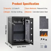 VEVOR Safe, 2.2 Cubic Feet Home Safe, Steel Security Safe with Fingerprint, Digital Keypad and 2 Keys, Cabinet Safe with Large Fire-proof Bag, Protect Cash, Gold, Jewelry, Documents, 15.8x13x23.6 inch