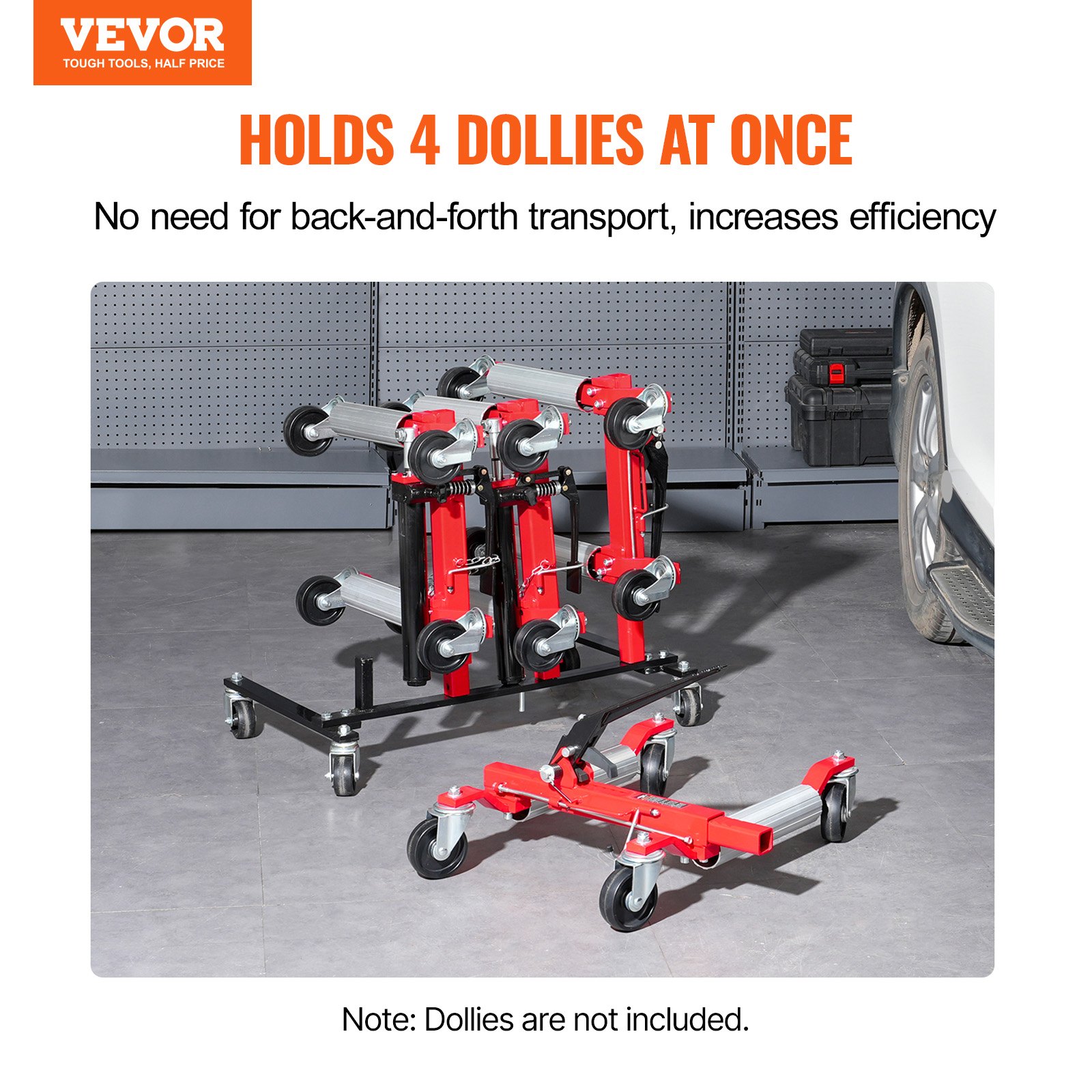 VEVOR Car Dolly Rack, Storage Rack with 360° Rotatable Wheels, Hydraulic Ratchet Trolley Jack Stand Organizer, Jack Stands Holder Storage Rack, 4-Dolly Capacity, Compatible with Most Dollies