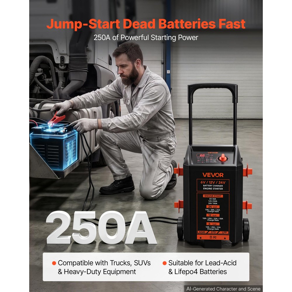 VEVOR Wheeled Battery Charger 6V/12V/24V 50A/250A/100A Car Charger Starter, Heavy Duty Automotive Car Battery Maintainer Engine Start, Fully Automatic, with Wheels, for Lead-Acid and Lithium Batteries