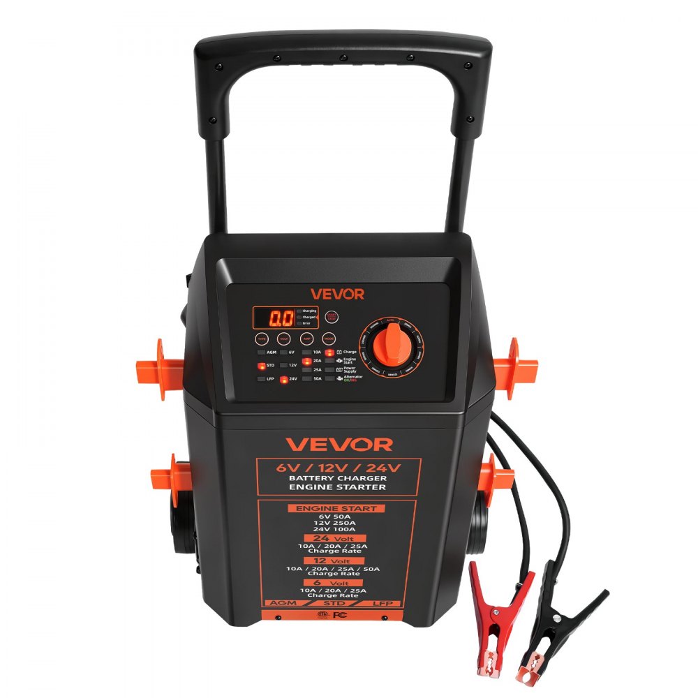 VEVOR Wheeled Battery Charger 6V/12V/24V 50A/250A/100A Car Charger Starter, Heavy Duty Automotive Car Battery Maintainer Engine Start, Fully Automatic, with Wheels, for Lead-Acid and Lithium Batteries
