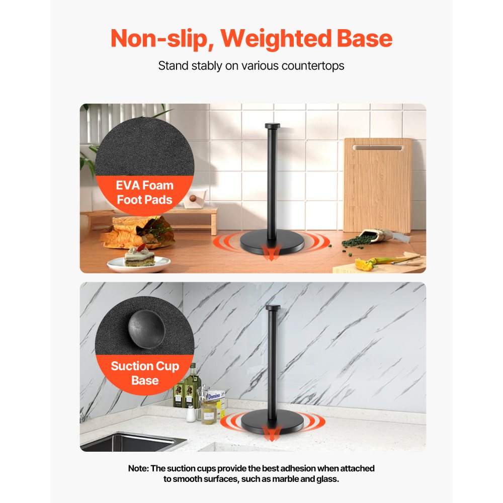 VEVOR Paper Towel Holder Countertop, Stainless Steel Kitchen Paper Towel Stand with Weighted Base and Suction Cups, Non-slip Countertop Kitchen Paper Roll Holders for Kitchen Bathroom