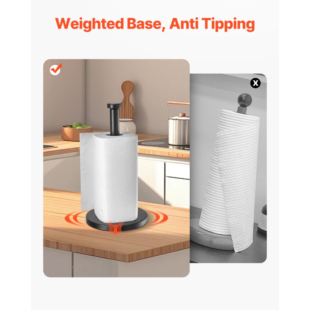 VEVOR Paper Towel Holder Countertop, Stainless Steel Kitchen Paper Towel Stand with Weighted Base and Suction Cups, Non-slip Countertop Kitchen Paper Roll Holders for Kitchen Bathroom