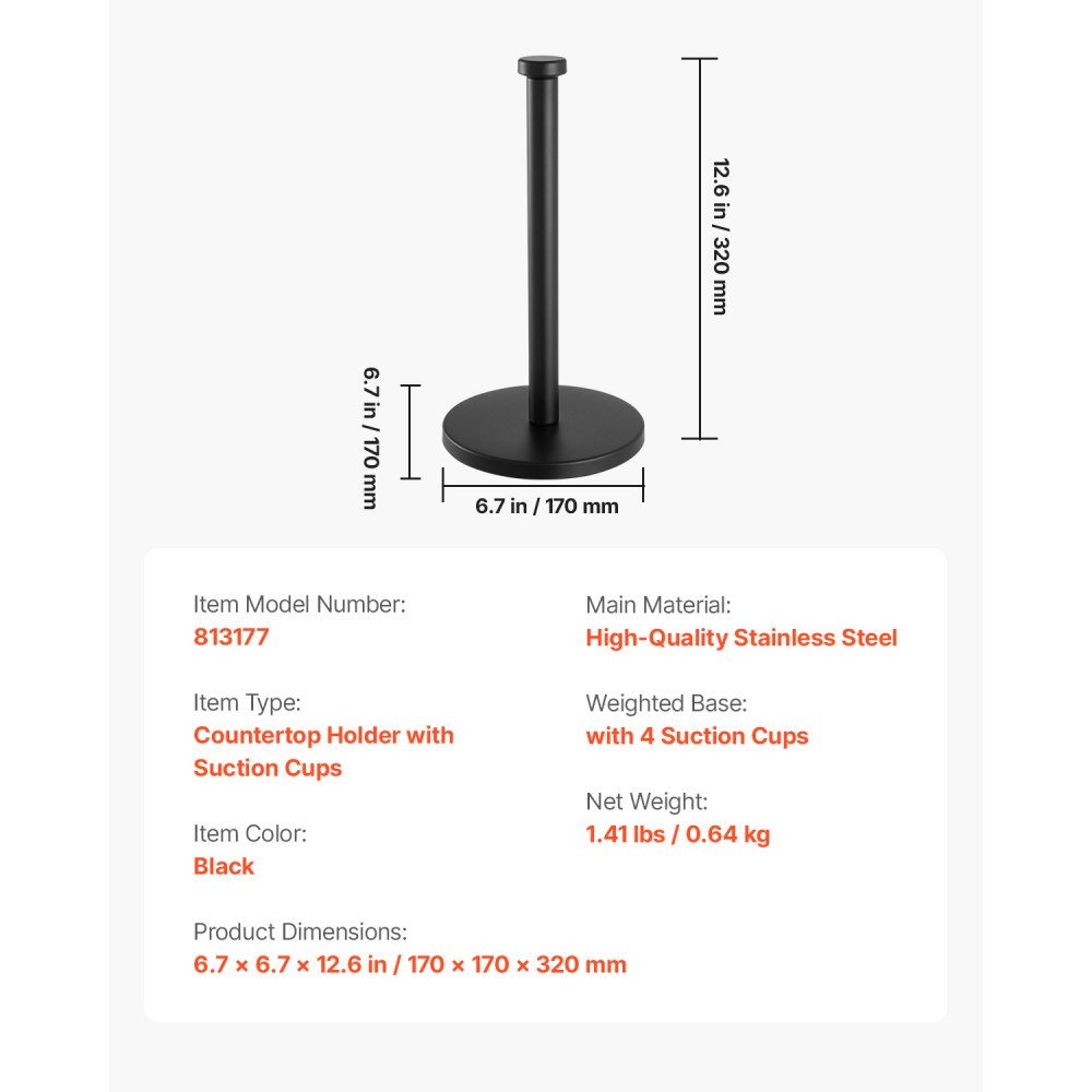 VEVOR Paper Towel Holder Countertop, Stainless Steel Kitchen Paper Towel Stand with Weighted Base and Suction Cups, Non-slip Countertop Kitchen Paper Roll Holders for Kitchen Bathroom