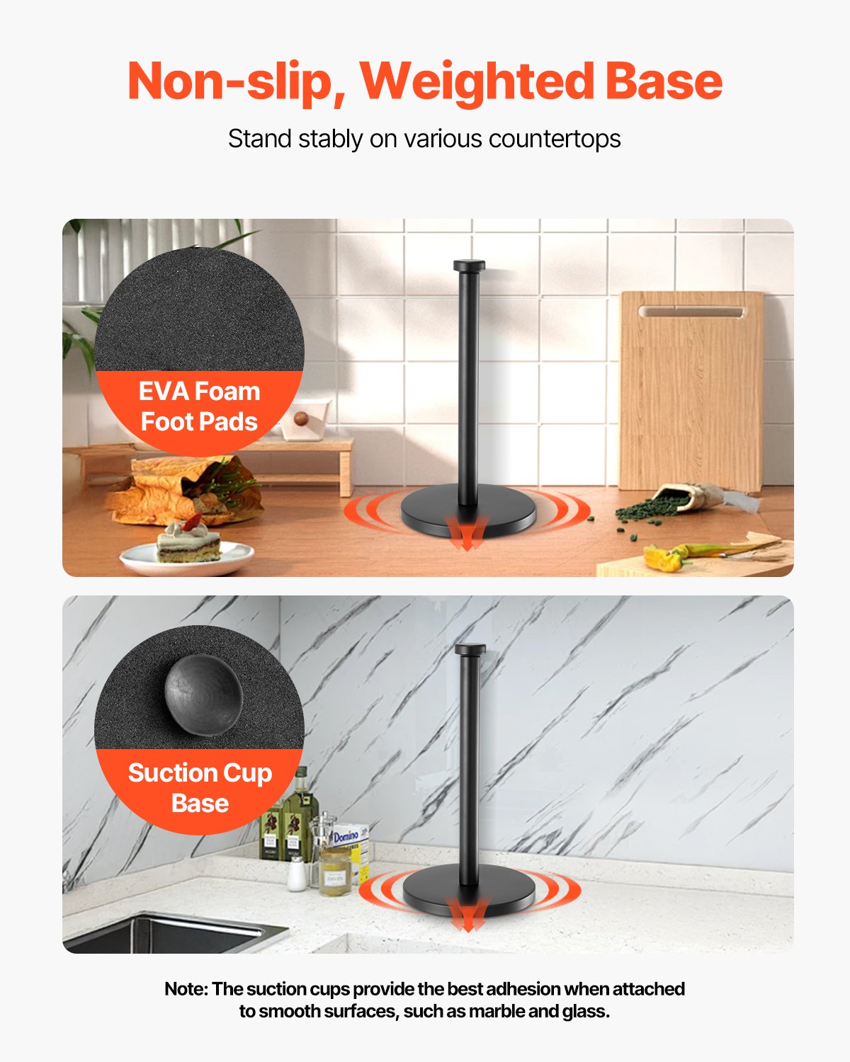 VEVOR Paper Towel Holder Countertop, Stainless Steel Kitchen Paper Towel Stand with Weighted Base and Suction Cups, Non-slip Countertop Kitchen Paper Roll Holders for Kitchen Bathroom