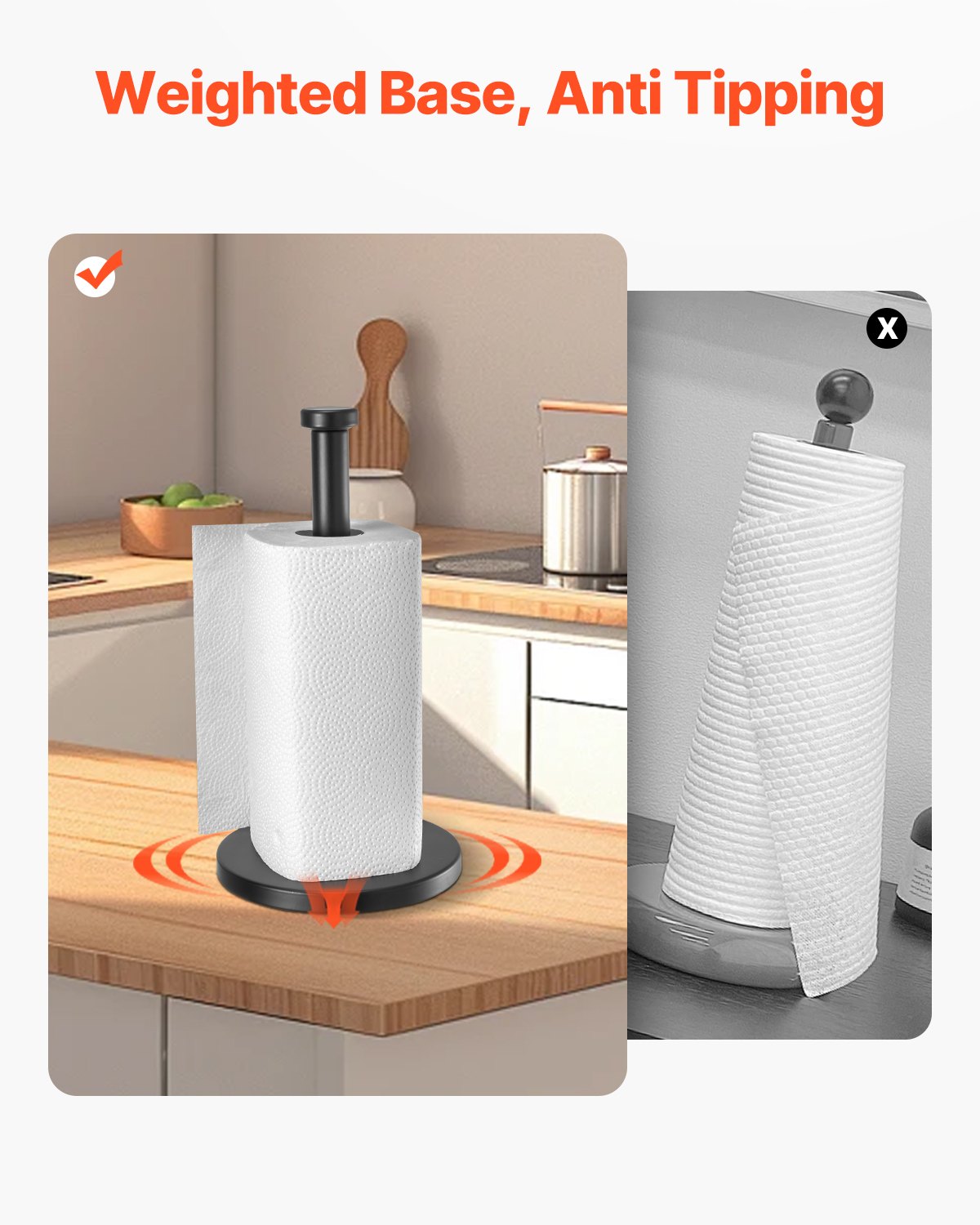 VEVOR Paper Towel Holder Countertop, Stainless Steel Kitchen Paper Towel Stand with Weighted Base and Suction Cups, Non-slip Countertop Kitchen Paper Roll Holders for Kitchen Bathroom