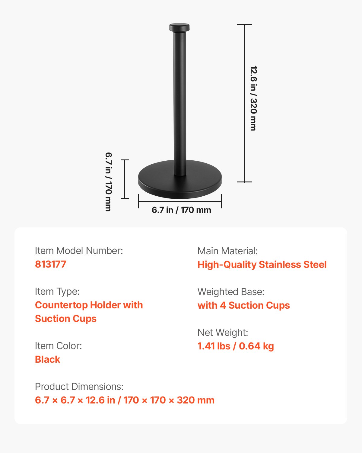 VEVOR Paper Towel Holder Countertop, Stainless Steel Kitchen Paper Towel Stand with Weighted Base and Suction Cups, Non-slip Countertop Kitchen Paper Roll Holders for Kitchen Bathroom