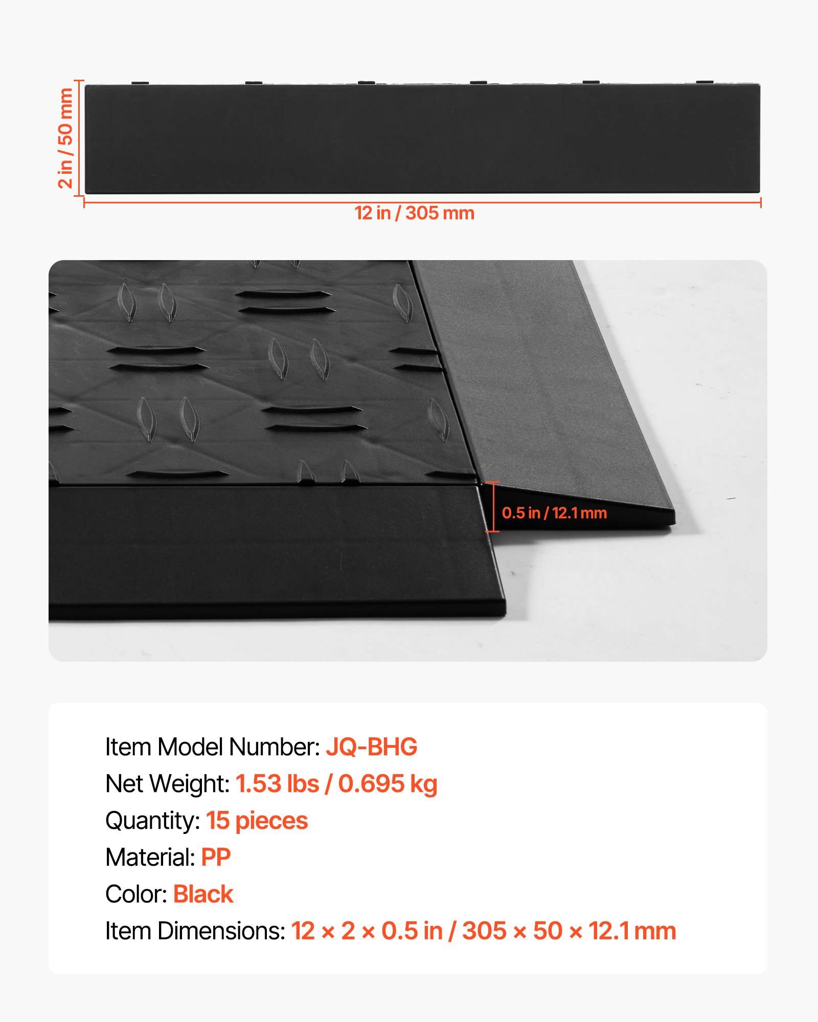 Kit de bordes de transición para pisos de garaje VEVOR, 15 piezas de polipropileno resistente, entrelazado, modular, antideslizante, fácil de montar. Compatible solo con tapetes de garaje VEVOR de 6 candados, color negro.