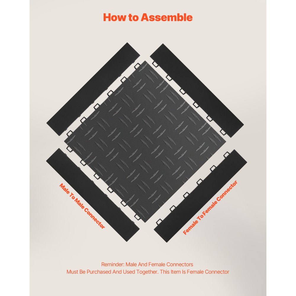 Sada přechodových hran pro garážové podlahy VEVOR pro ženy, 15 ks robustních PP zámkových modulárních hran pro garážové podlahy, protiskluzové, snadná montáž, kompatibilní pouze s vylepšenými rohožemi VEVOR se 6 zámky, černé
