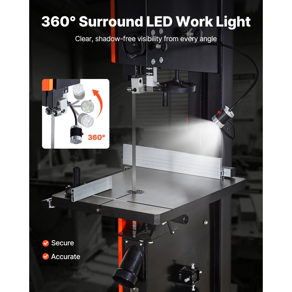 VEVOR Woodworking Bandsaw, 457 mm, Band Saw with 2240W 3HP Motor, 406 mm Maximum Cutting Height, 690 x 510 mm Cast Iron Table, with 360° Work Light, Miter Gauge, Fence, Band Saw for Woodworking
