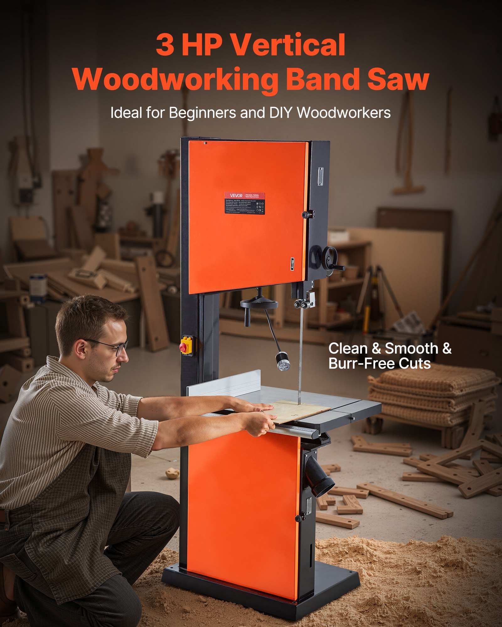 VEVOR Woodworking Bandsaw, 457 mm, Band Saw with 2240W 3HP Motor, 406 mm Maximum Cutting Height, 690 x 510 mm Cast Iron Table, with 360° Work Light, Miter Gauge, Fence, Band Saw for Woodworking