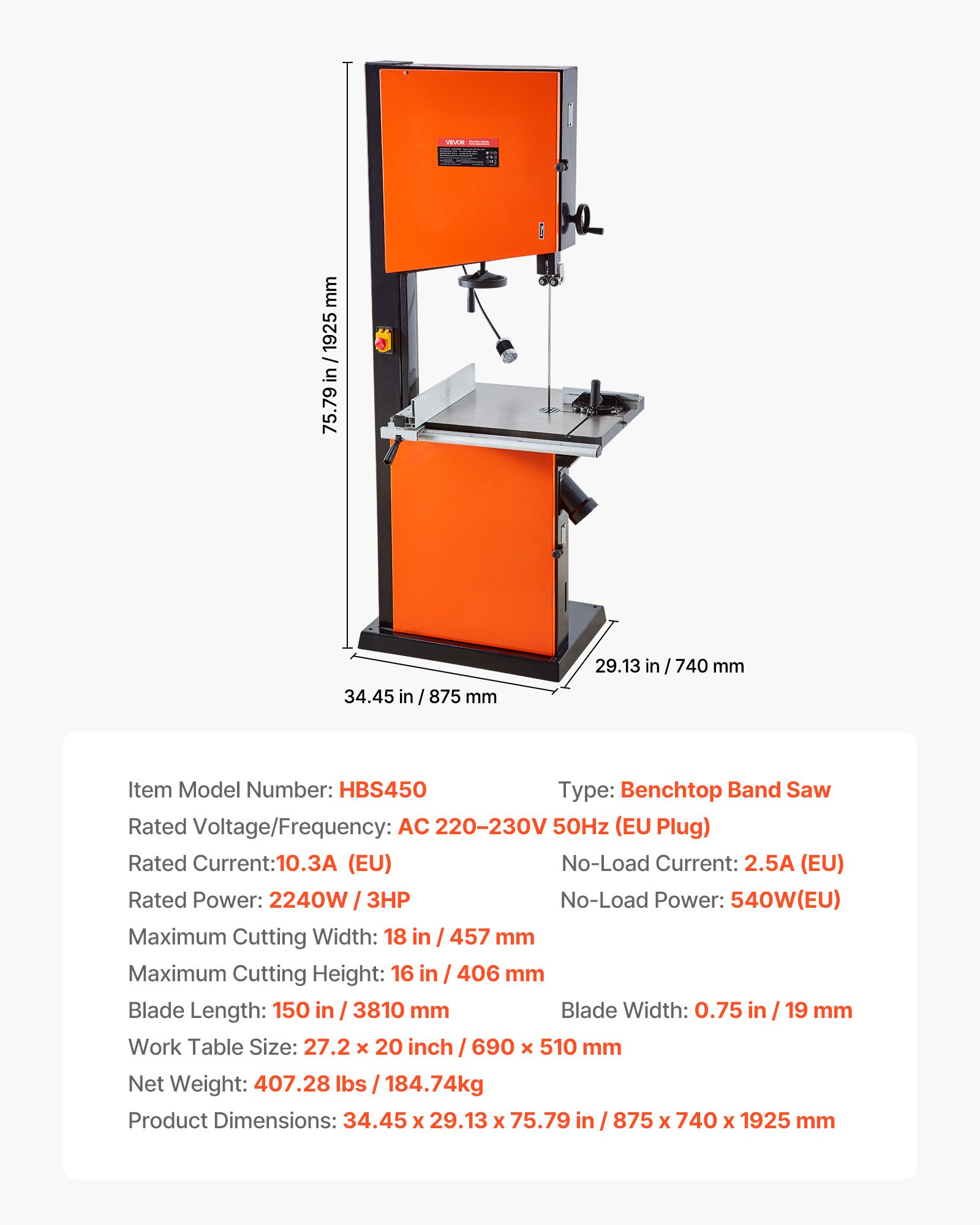VEVOR Woodworking Bandsaw, 457 mm, Band Saw with 2240W 3HP Motor, 406 mm Maximum Cutting Height, 690 x 510 mm Cast Iron Table, with 360° Work Light, Miter Gauge, Fence, Band Saw for Woodworking