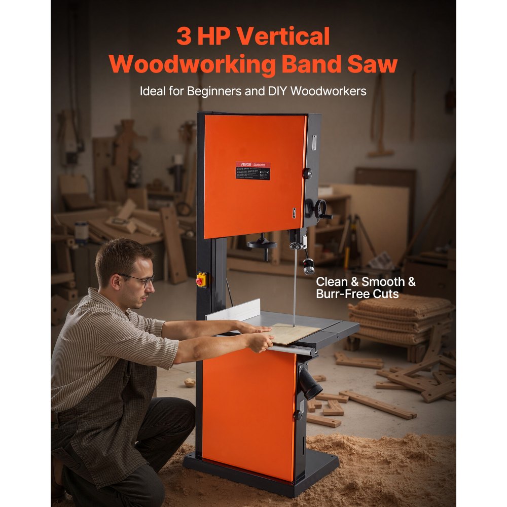 VEVOR Woodworking Bandsaw, 18-Inch, Band Saw with 2240W 3HP Motor, 16-Inch Maximum Cutting Height, 27.2 x 20 in Cast Iron Table, with 360° Work Light, Miter Gauge, Fence, Band Saw for Woodworking