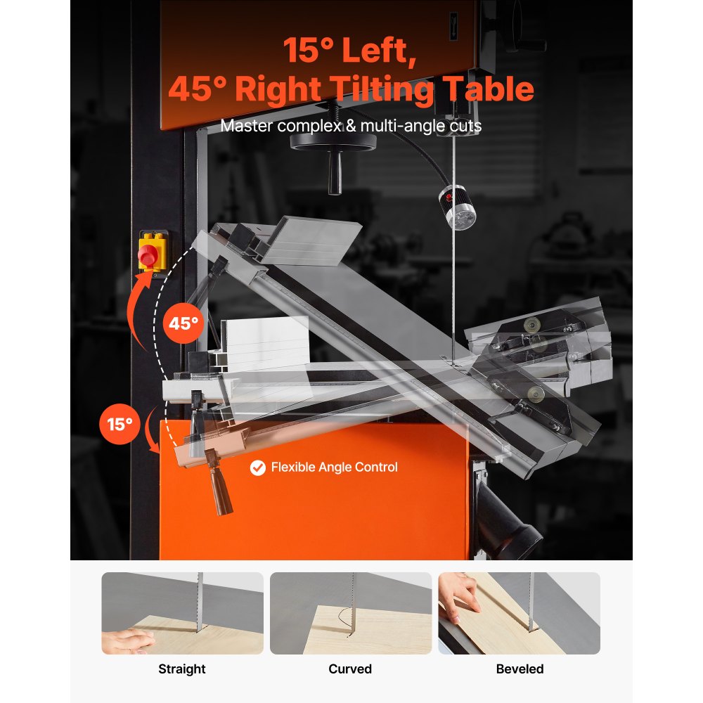 VEVOR Woodworking Bandsaw, 18-Inch, Band Saw with 2240W 3HP Motor, 16-Inch Maximum Cutting Height, 27.2 x 20 in Cast Iron Table, with 360° Work Light, Miter Gauge, Fence, Band Saw for Woodworking