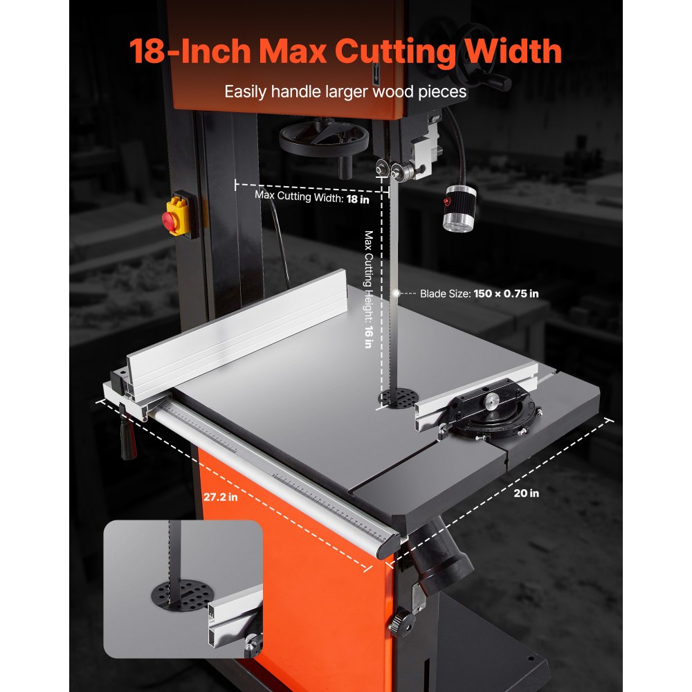 VEVOR Woodworking Bandsaw, 18-Inch, Band Saw with 2240W 3HP Motor, 16-Inch Maximum Cutting Height, 27.2 x 20 in Cast Iron Table, with 360° Work Light, Miter Gauge, Fence, Band Saw for Woodworking