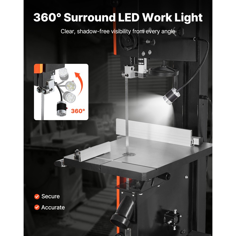 VEVOR Woodworking Bandsaw, 18-Inch, Band Saw with 2240W 3HP Motor, 16-Inch Maximum Cutting Height, 27.2 x 20 in Cast Iron Table, with 360° Work Light, Miter Gauge, Fence, Band Saw for Woodworking