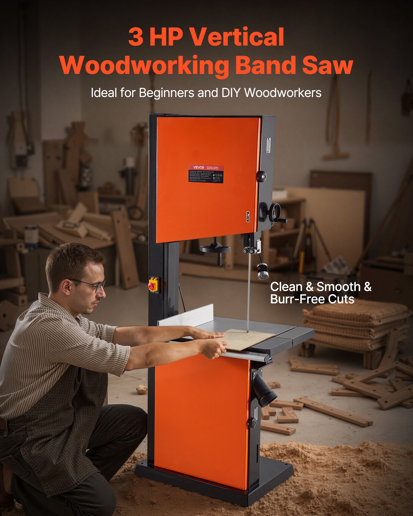 VEVOR Woodworking Bandsaw, 18-Inch, Band Saw with 2240W 3HP Motor, 16-Inch Maximum Cutting Height, 27.2 x 20 in Cast Iron Table, with 360° Work Light, Miter Gauge, Fence, Band Saw for Woodworking