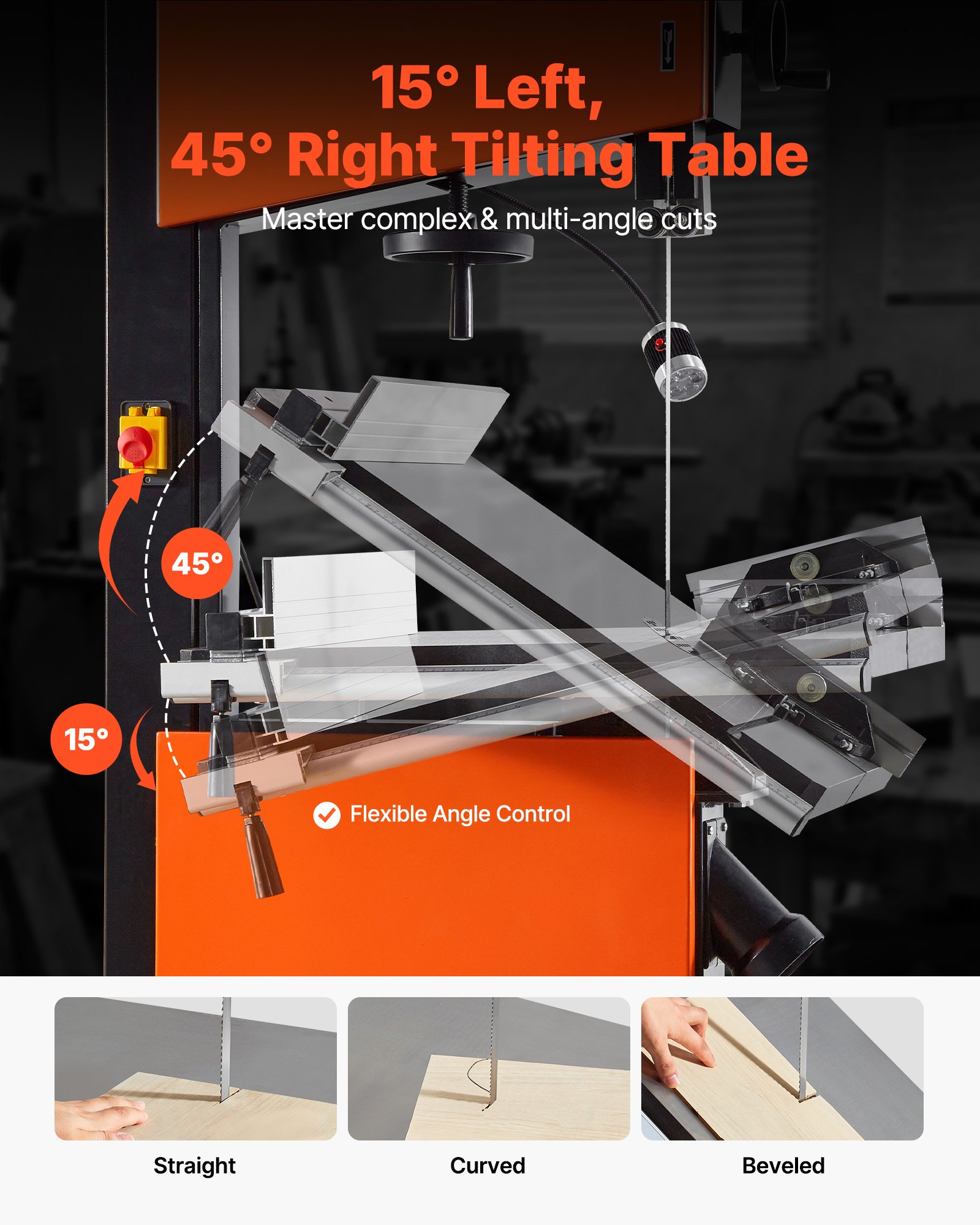 VEVOR Woodworking Bandsaw, 18-Inch, Band Saw with 2240W 3HP Motor, 16-Inch Maximum Cutting Height, 27.2 x 20 in Cast Iron Table, with 360° Work Light, Miter Gauge, Fence, Band Saw for Woodworking