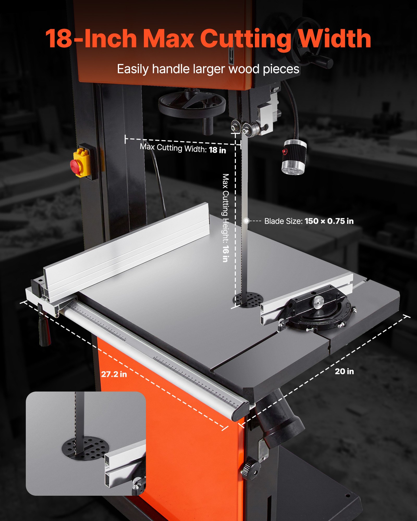 VEVOR Woodworking Bandsaw, 18-Inch, Band Saw with 2240W 3HP Motor, 16-Inch Maximum Cutting Height, 27.2 x 20 in Cast Iron Table, with 360° Work Light, Miter Gauge, Fence, Band Saw for Woodworking