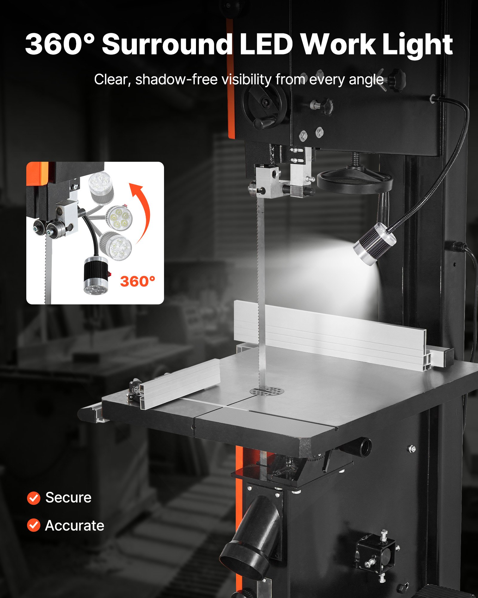 VEVOR Woodworking Bandsaw, 18-Inch, Band Saw with 2240W 3HP Motor, 16-Inch Maximum Cutting Height, 27.2 x 20 in Cast Iron Table, with 360° Work Light, Miter Gauge, Fence, Band Saw for Woodworking