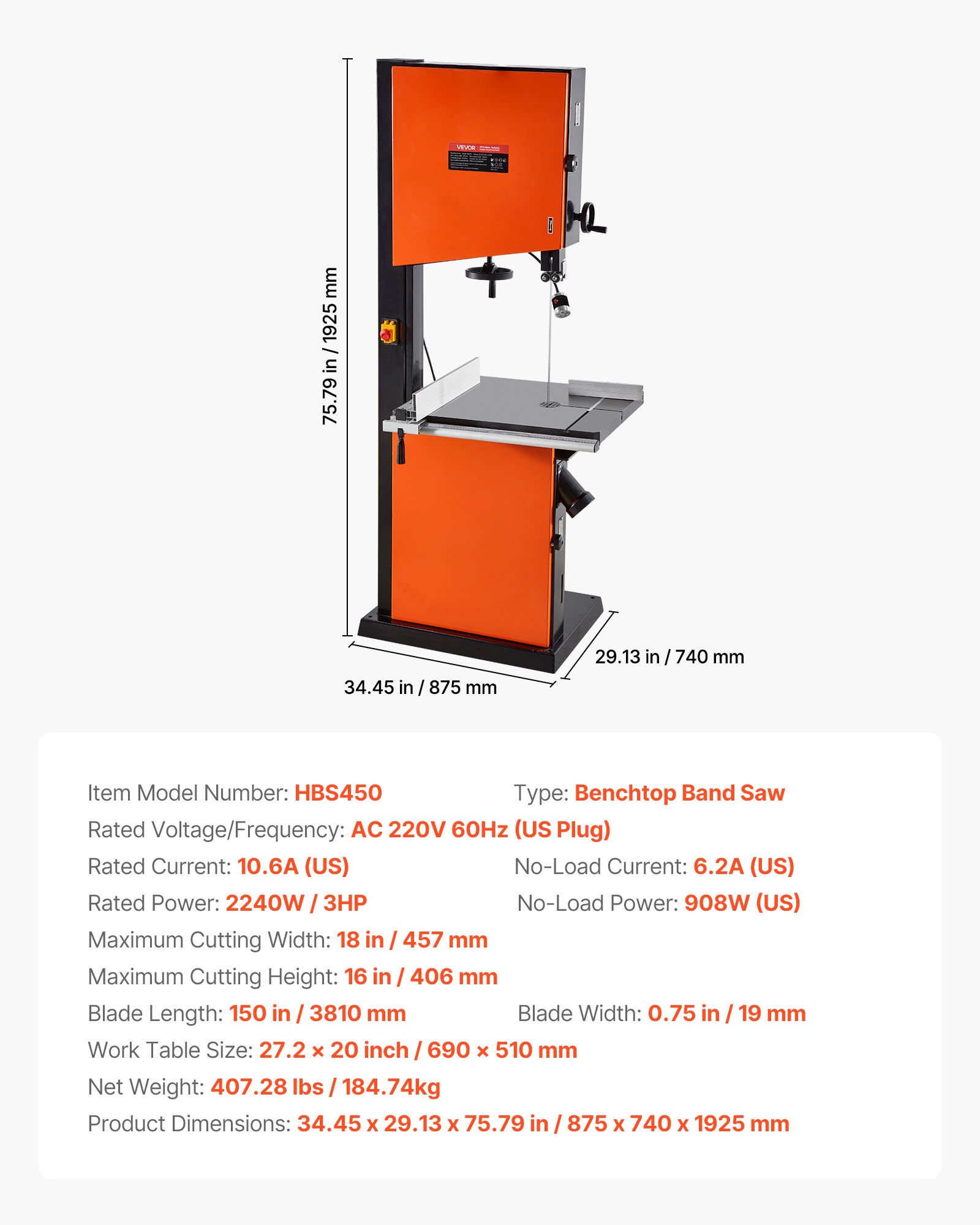VEVOR Woodworking Bandsaw, 18-Inch, Band Saw with 2240W 3HP Motor, 16-Inch Maximum Cutting Height, 27.2 x 20 in Cast Iron Table, with 360° Work Light, Miter Gauge, Fence, Band Saw for Woodworking
