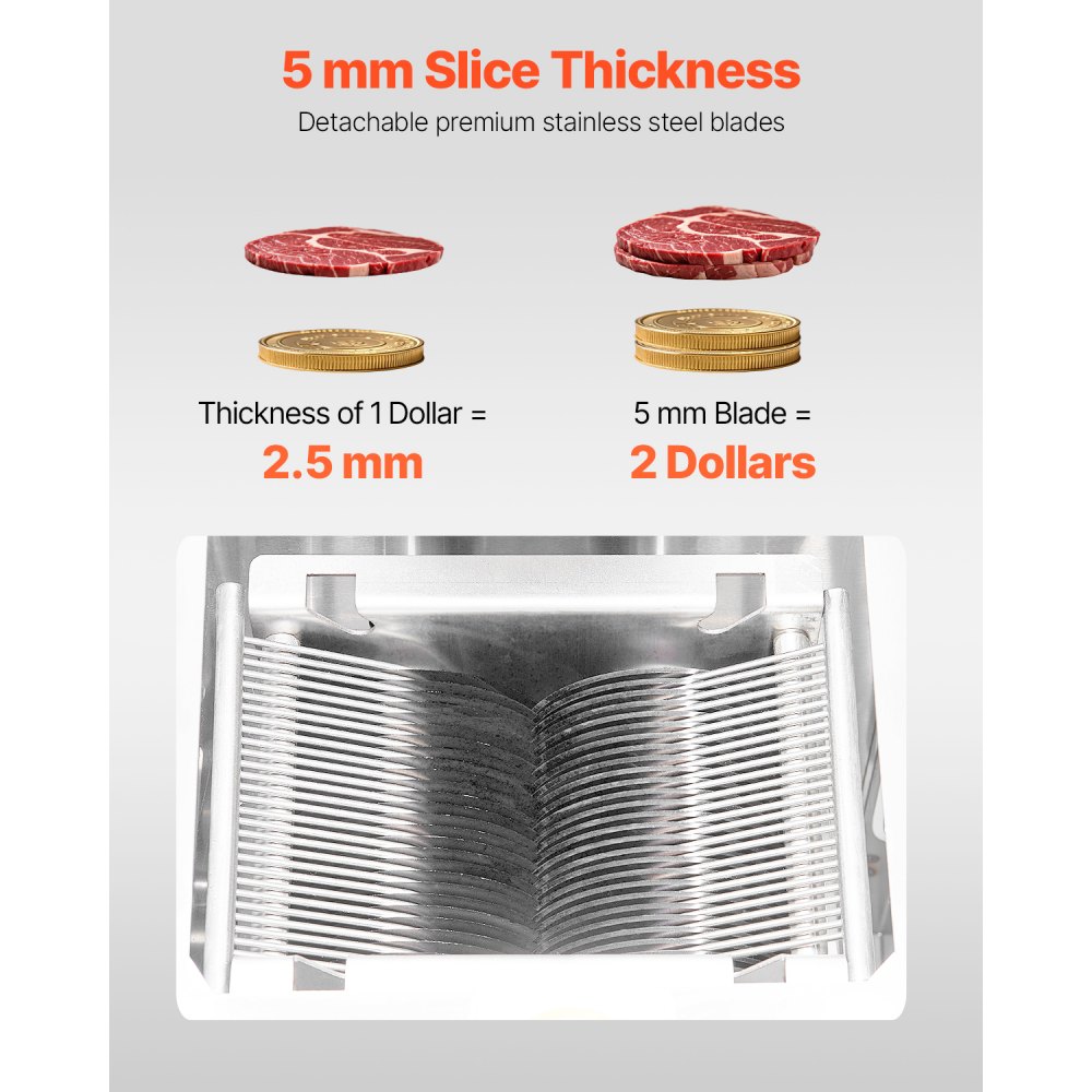 VEVOR Meat Cutter Machine, 1100W Meat Slicer, 1102 lb/h Commercial Meat Cutting Machine, Stainless Steel, 5 mm Thickness, Detachable Blades, Electric Food Slicer for Kitchen Restaurant Supermarket