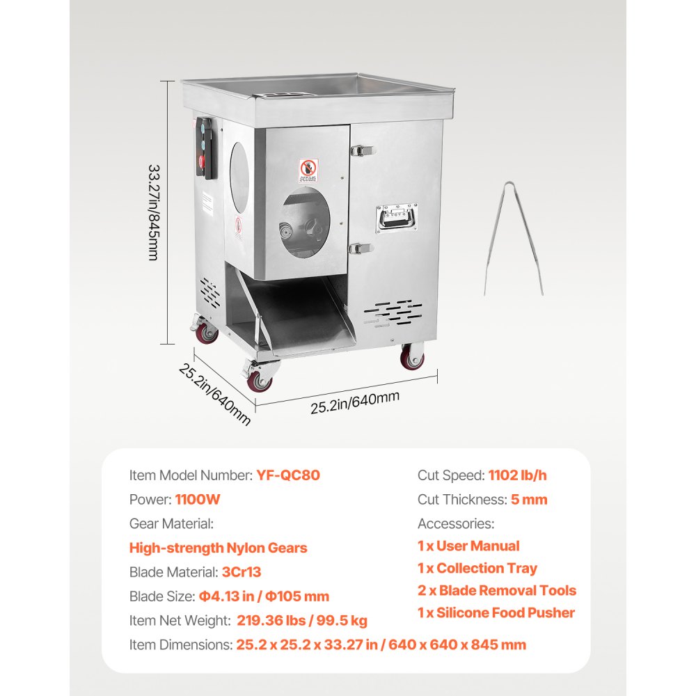 VEVOR Meat Cutter Machine, 1100W Meat Slicer, 1102 lb/h Commercial Meat Cutting Machine, Stainless Steel, 5 mm Thickness, Detachable Blades, Electric Food Slicer for Kitchen Restaurant Supermarket