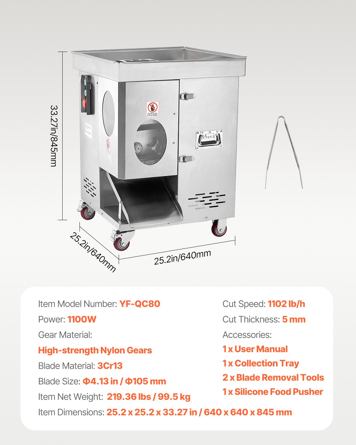 VEVOR Meat Cutter Machine, 1100W Meat Slicer, 1102 lb/h Commercial Meat Cutting Machine, Stainless Steel, 5 mm Thickness, Detachable Blades, Electric Food Slicer for Kitchen Restaurant Supermarket